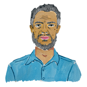 Illustration showing an older man of colour wearing a blue shirt